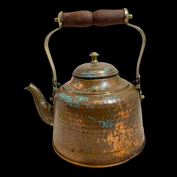 Antique Hand-Hammered Copper & Brass Kettle With Wooden Handle - Picture 3 of 11